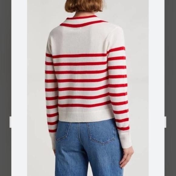 ELIE TAHARI Cashmere Stripe Crop Cardigan in Frost White/True Red Size M - Picture 2 of 7